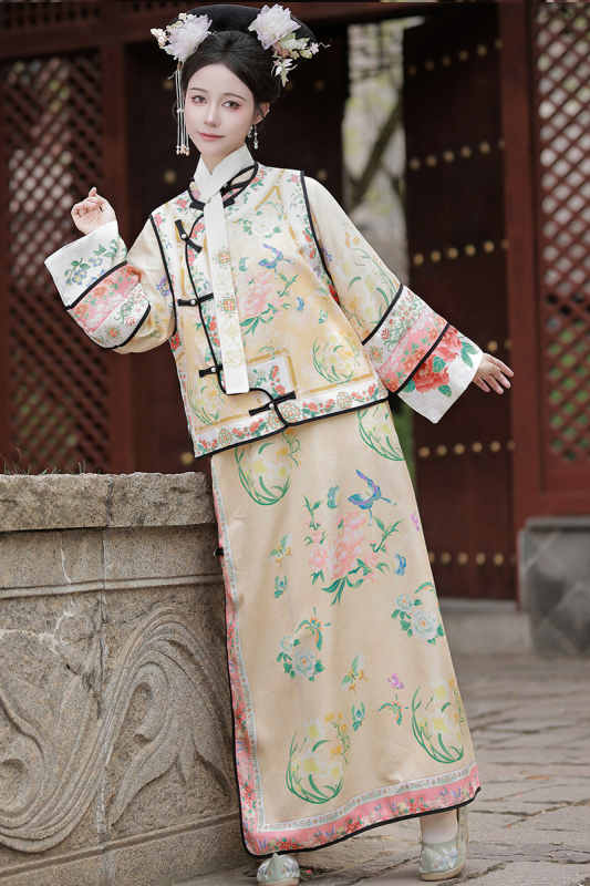 Qing-dinasztia Hanfu palotai jelmez, manchu stílus, poliészter, nyomott kivitel, nyár 2025, 80-90% fő anyag tartalom