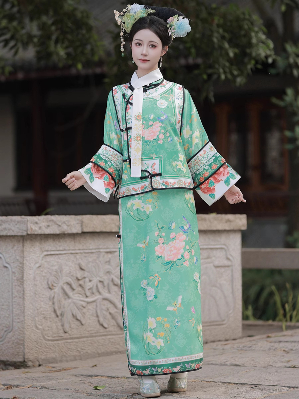 Qing-dinasztia Hanfu palotai jelmez, manchu stílus, poliészter, nyomott kivitel, nyár 2025, 80-90% fő anyag tartalom