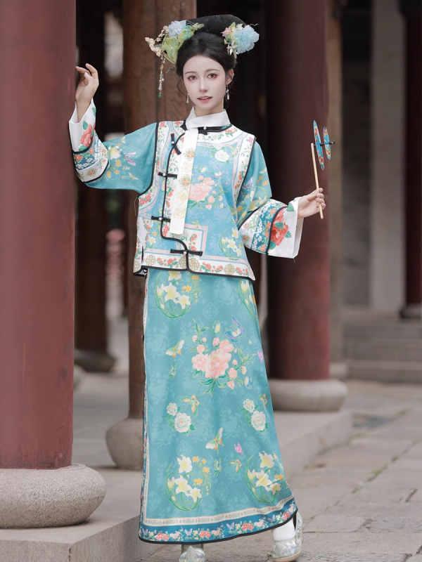 Qing-dinasztia Hanfu palotai jelmez, manchu stílus, poliészter, nyomott kivitel, nyár 2025, 80-90% fő anyag tartalom