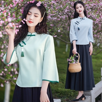 Női két részes Tang öltözet szett, ferde gallérral és gombos záródással, pamut-polyészter keverék, fő anyag poliészter, Termékkód Ancient rhyme-6813