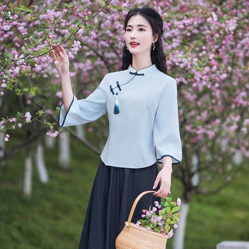 Női két részes Tang öltözet szett, ferde gallérral és gombos záródással, pamut-polyészter keverék, fő anyag poliészter, Termékkód Ancient rhyme-6813