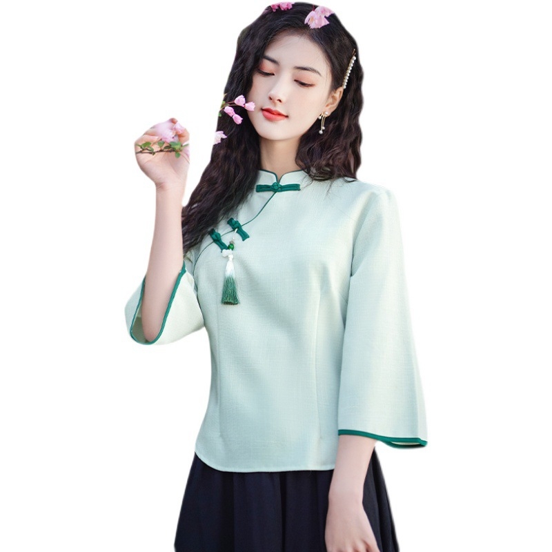 Női két részes Tang öltözet szett, ferde gallérral és gombos záródással, pamut-polyészter keverék, fő anyag poliészter, Termékkód Ancient rhyme-6813