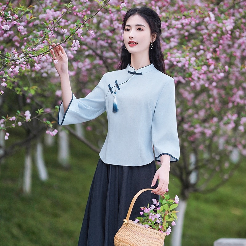 Női két részes Tang öltözet szett, ferde gallérral és gombos záródással, pamut-polyészter keverék, fő anyag poliészter, Termékkód Ancient rhyme-6813