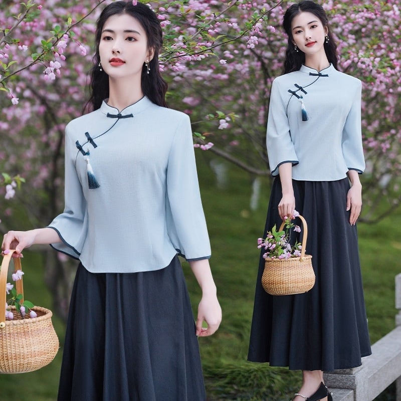 Női két részes Tang öltözet szett, ferde gallérral és gombos záródással, pamut-polyészter keverék, fő anyag poliészter, Termékkód Ancient rhyme-6813