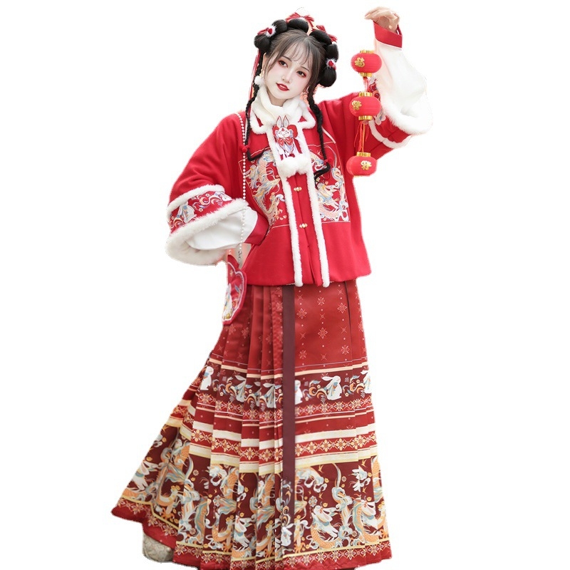 Ming-stílusú Hanfu Női Komplet – Szoknyás Set, Őszi-Téli Mindennapi Hanfu Nyomtatás és Festés, Pamut-Poliészter Keverék (50% Poliészter), Nemzeti Stílus Nyuszi Motívummal