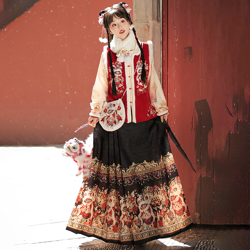 Ženski Hanfu s lavljim motivima, Ming stil preklopni ovratnik, rukavi Pipa, Mamian suknja i zimski plašt