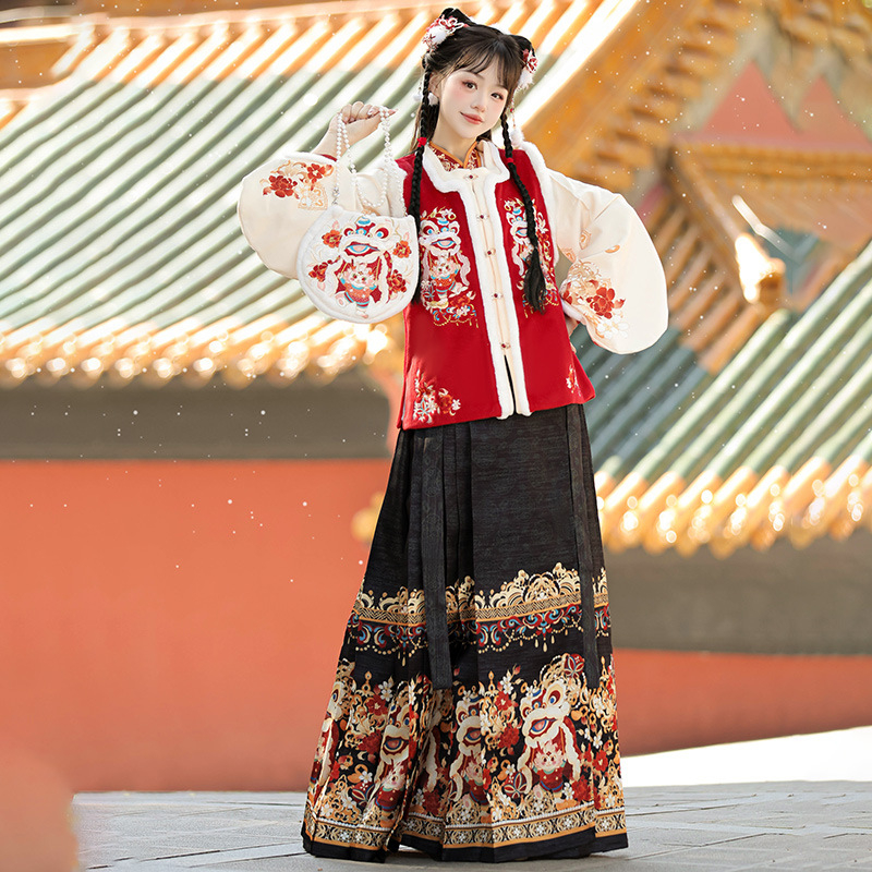 Ženski Hanfu s lavljim motivima, Ming stil preklopni ovratnik, rukavi Pipa, Mamian suknja i zimski plašt