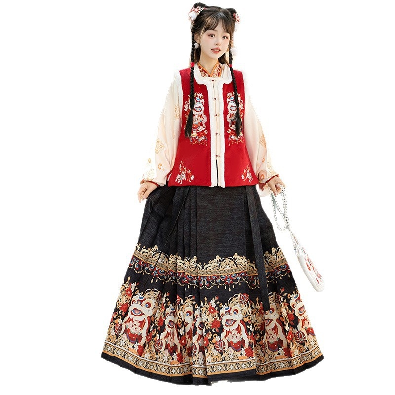 Ženski Hanfu s lavljim motivima, Ming stil preklopni ovratnik, rukavi Pipa, Mamian suknja i zimski plašt