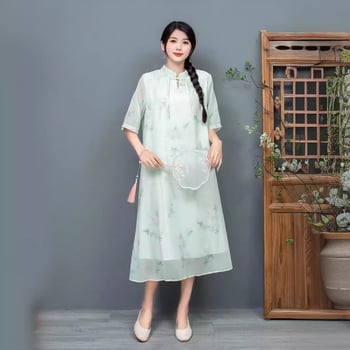 Etno-stílusú nyári ruha magas gallérral, digitális nyomtatással, chiffon anyagból; Lyocell 30–50% és Polyester <30%; középméretű hossz