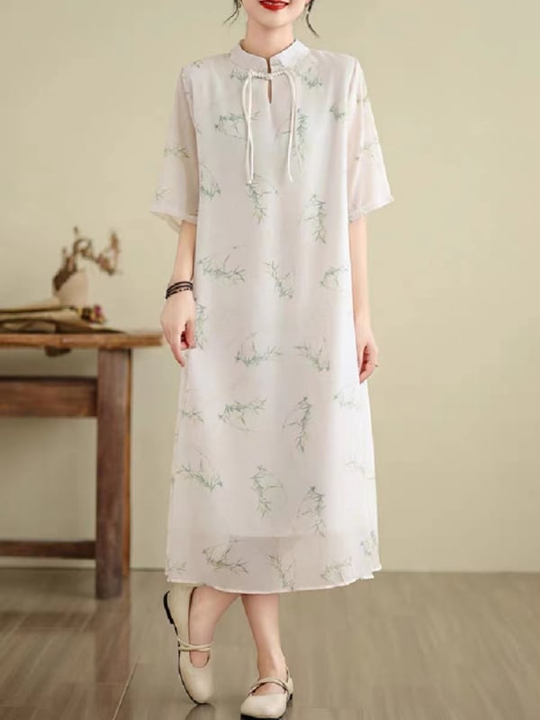 Etno-stílusú nyári ruha magas gallérral, digitális nyomtatással, chiffon anyagból; Lyocell 30–50% és Polyester <30%; középméretű hossz