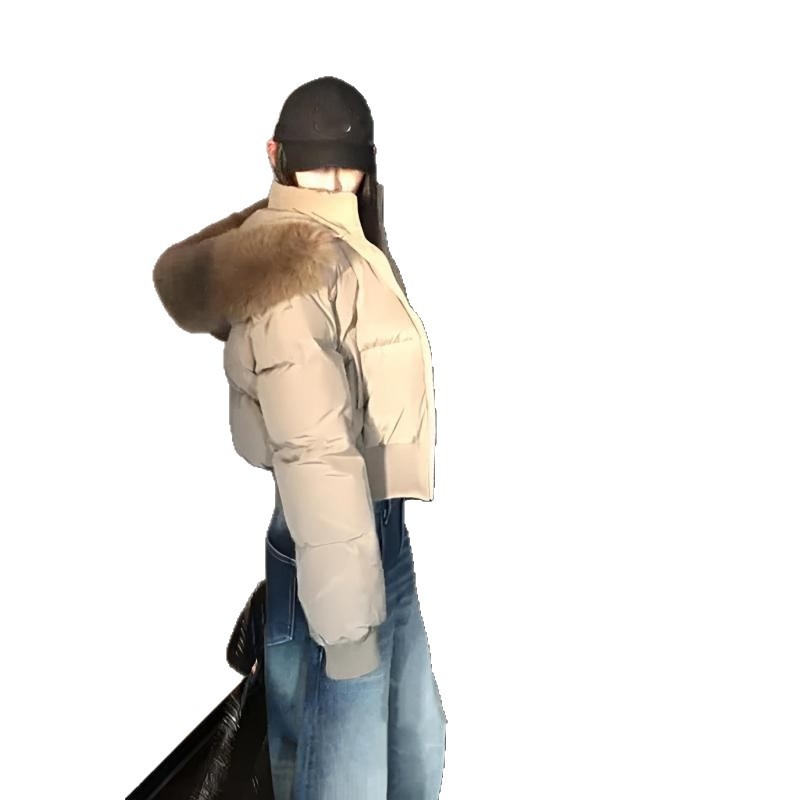 Moteriška žiemos striukė su gobtuvu ir kailinė apykakle, liemens siluetas, chenille audinys, pagrindinio audinio sudėtyje spandekso iki 30%, šilta ir trumpa pūkinė striukė