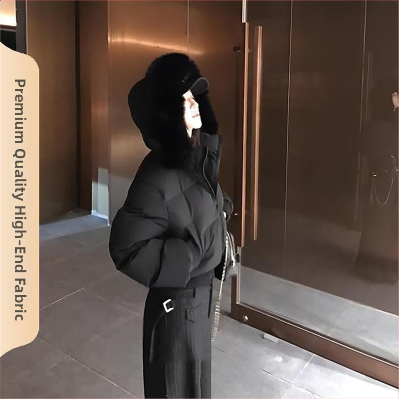 Moteriška žiemos striukė su gobtuvu ir kailinė apykakle, liemens siluetas, chenille audinys, pagrindinio audinio sudėtyje spandekso iki 30%, šilta ir trumpa pūkinė striukė