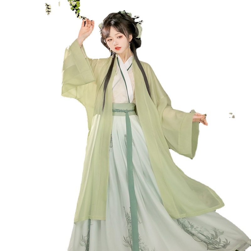 Felnőtt Hanfu ruha Song-dinasztia stílusú kínai ősi jelmez keresztezett nyakkal és derékszoknyával, éteri és kecses, modernizált ősi stílusú modell, tavasz-nyár 2023. Szövet: chiffon. Fő anyag: acetát szál. Acetát tartalom <30%; második összetevő <30%; Fol