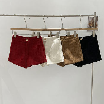 Șorturi pentru femei cu talie înaltă din tweed, croială largă, țesătură poliester 95%+