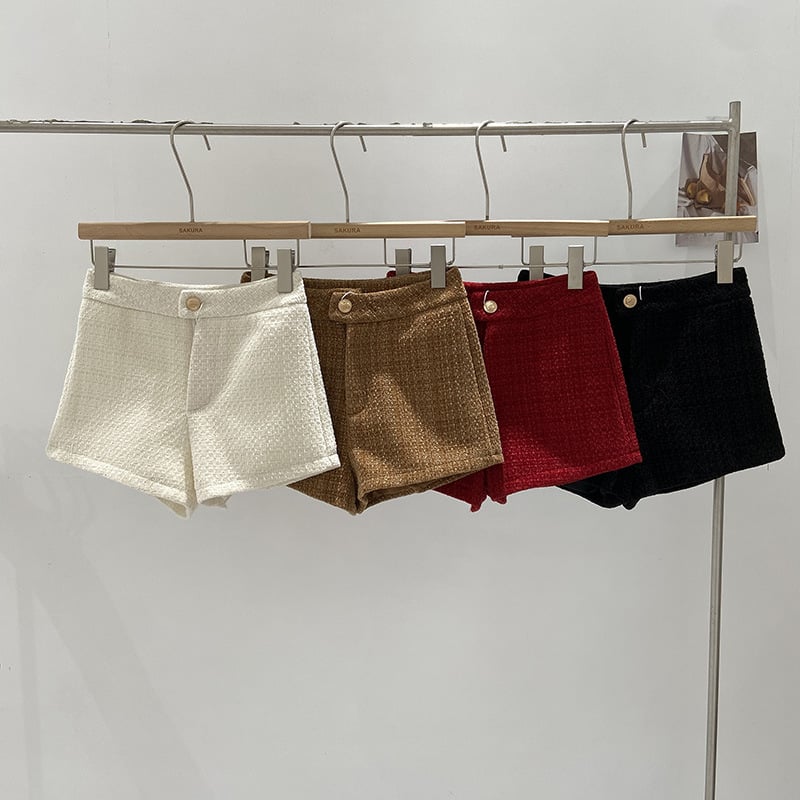 Șorturi pentru femei cu talie înaltă din tweed, croială largă, țesătură poliester 95%+