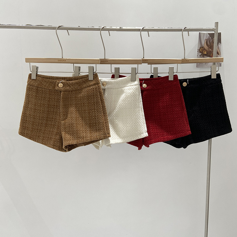 Șorturi pentru femei cu talie înaltă din tweed, croială largă, țesătură poliester 95%+
