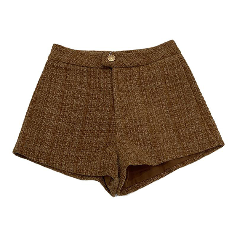 Șorturi pentru femei cu talie înaltă din tweed, croială largă, țesătură poliester 95%+