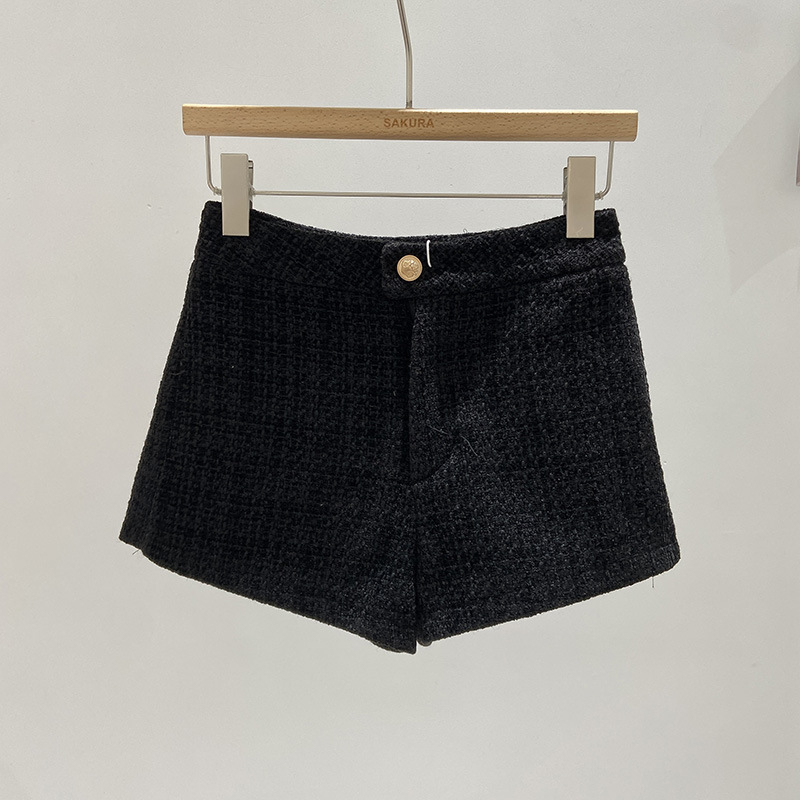 Șorturi pentru femei cu talie înaltă din tweed, croială largă, țesătură poliester 95%+