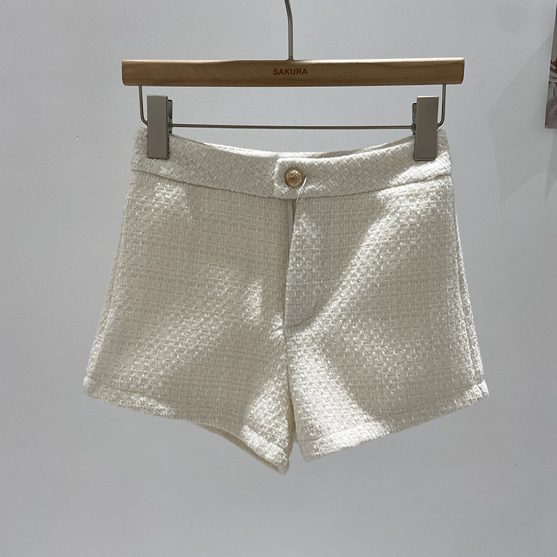 Șorturi pentru femei cu talie înaltă din tweed, croială largă, țesătură poliester 95%+