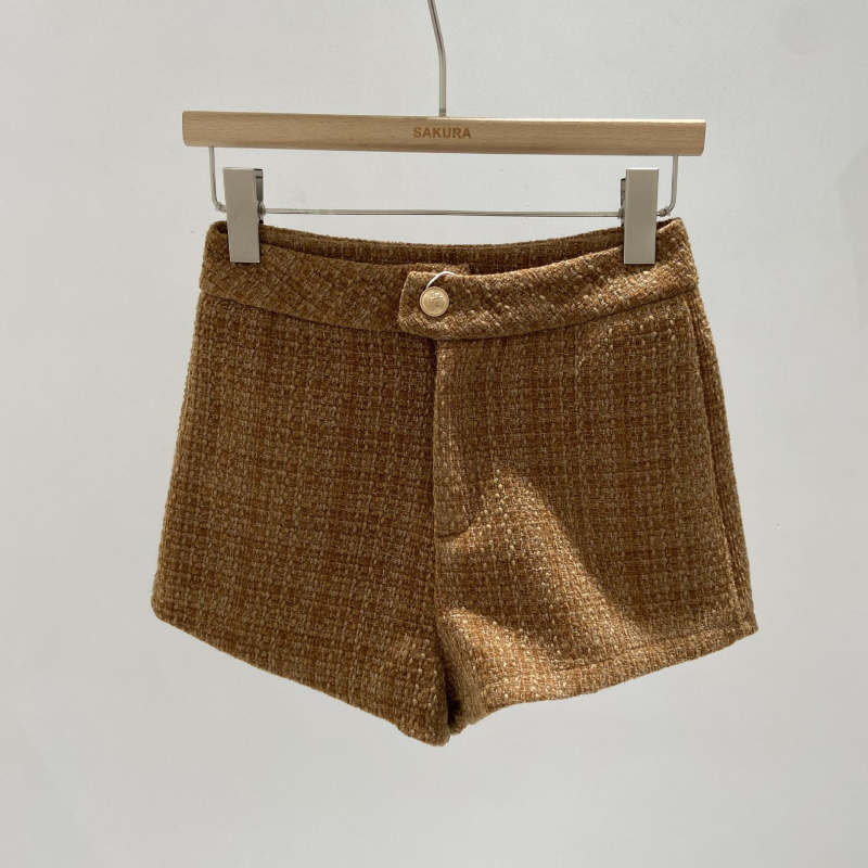 Șorturi pentru femei cu talie înaltă din tweed, croială largă, țesătură poliester 95%+