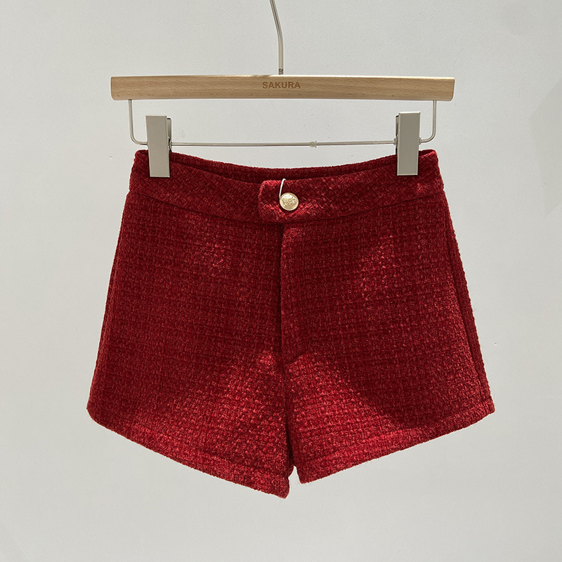 Șorturi pentru femei cu talie înaltă din tweed, croială largă, țesătură poliester 95%+