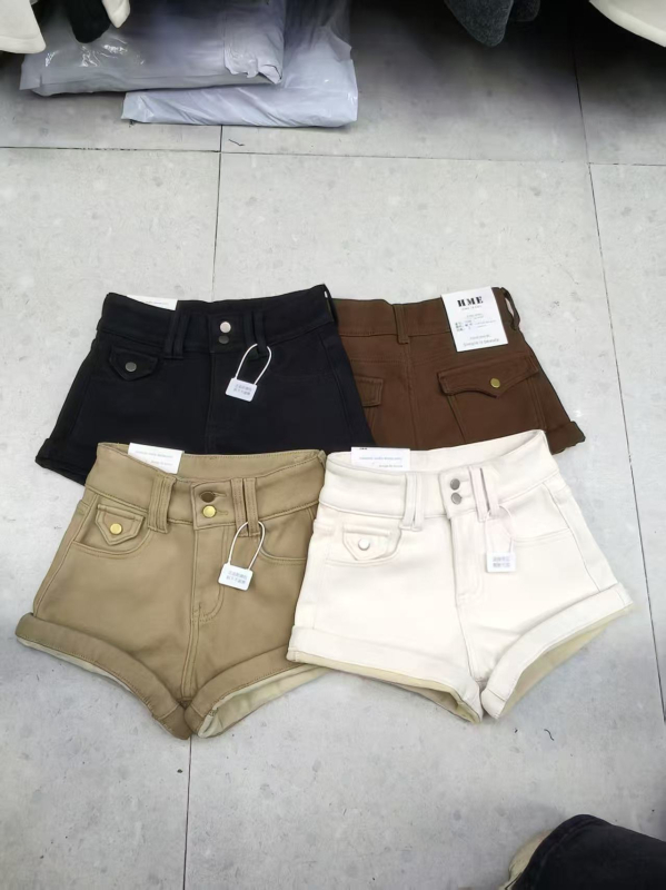 Дамски памучни къси панталони, висока талия, дебела материя, A‑линия, повдигане на дупето