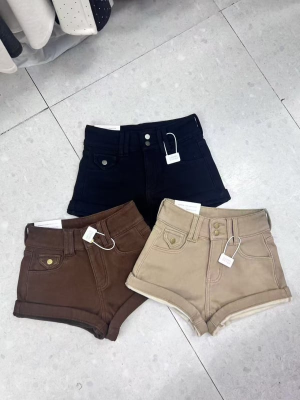Дамски памучни къси панталони, висока талия, дебела материя, A‑линия, повдигане на дупето