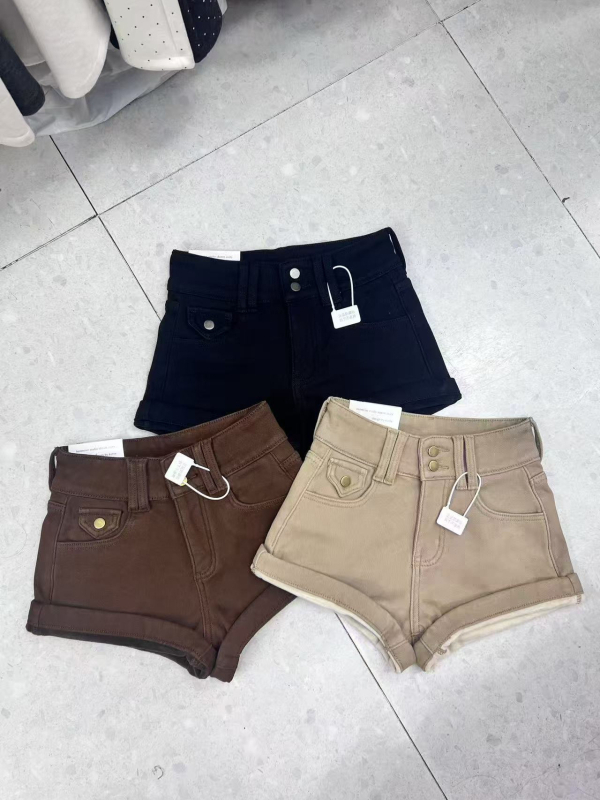 Дамски памучни къси панталони, висока талия, дебела материя, A‑линия, повдигане на дупето