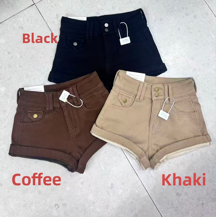 Дамски памучни къси панталони, висока талия, дебела материя, A‑линия, повдигане на дупето