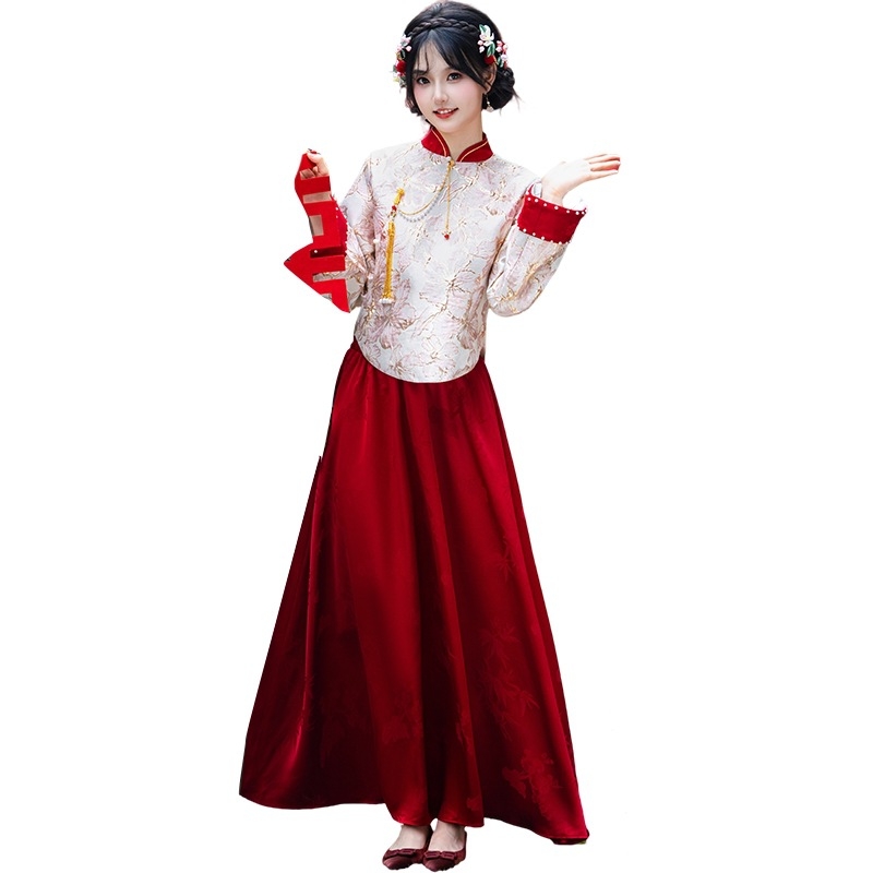 Új kínai stílusú esküvői kardigán-szett jacquár szoknyával, magas gallér, ferde nyitású csattal, nehéz brokát anyag