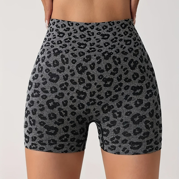 Șorturi sport feminine cu imprimeu leopard, talie înaltă pentru ridicarea șoldurilor și strângerea abdomenului, uscare rapidă, material tricotat din nailon-spandex
