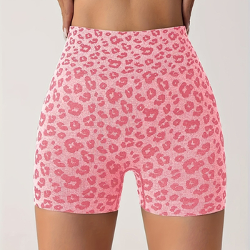 Șorturi sport feminine cu imprimeu leopard, talie înaltă pentru ridicarea șoldurilor și strângerea abdomenului, uscare rapidă, material tricotat din nailon-spandex