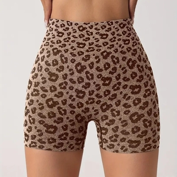 Șorturi sport feminine cu imprimeu leopard, talie înaltă pentru ridicarea șoldurilor și strângerea abdomenului, uscare rapidă, material tricotat din nailon-spandex
