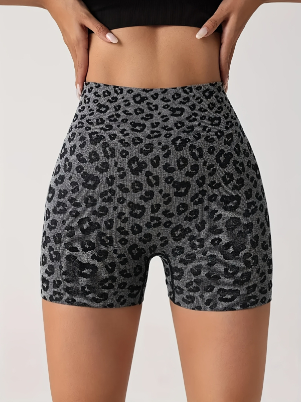 Șorturi sport feminine cu imprimeu leopard, talie înaltă pentru ridicarea șoldurilor și strângerea abdomenului, uscare rapidă, material tricotat din nailon-spandex