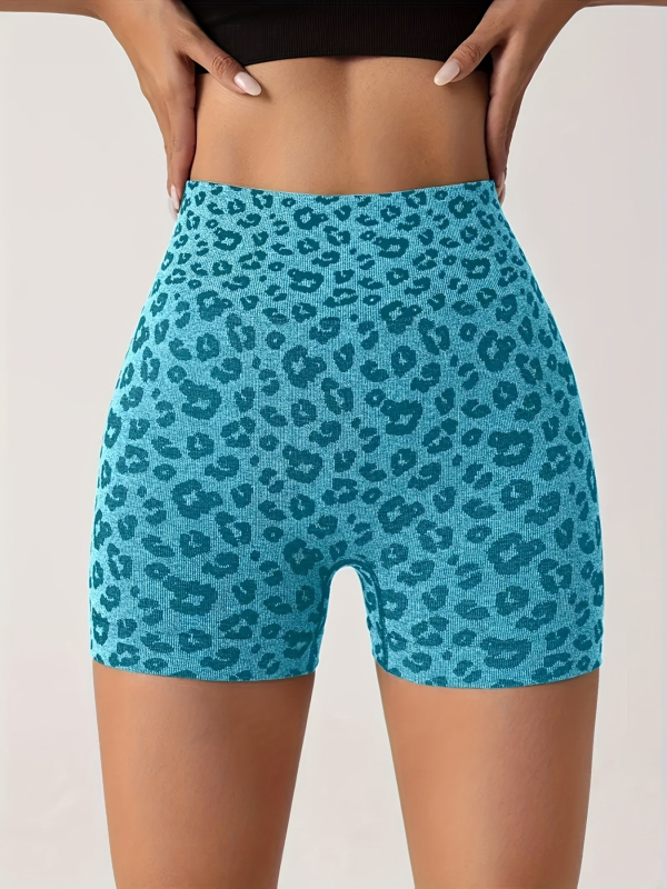 Șorturi sport feminine cu imprimeu leopard, talie înaltă pentru ridicarea șoldurilor și strângerea abdomenului, uscare rapidă, material tricotat din nailon-spandex