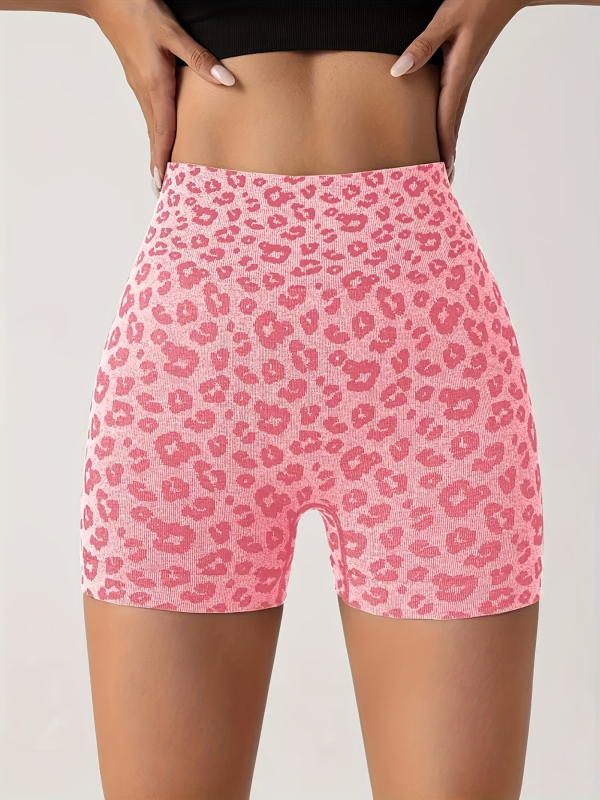 Șorturi sport feminine cu imprimeu leopard, talie înaltă pentru ridicarea șoldurilor și strângerea abdomenului, uscare rapidă, material tricotat din nailon-spandex