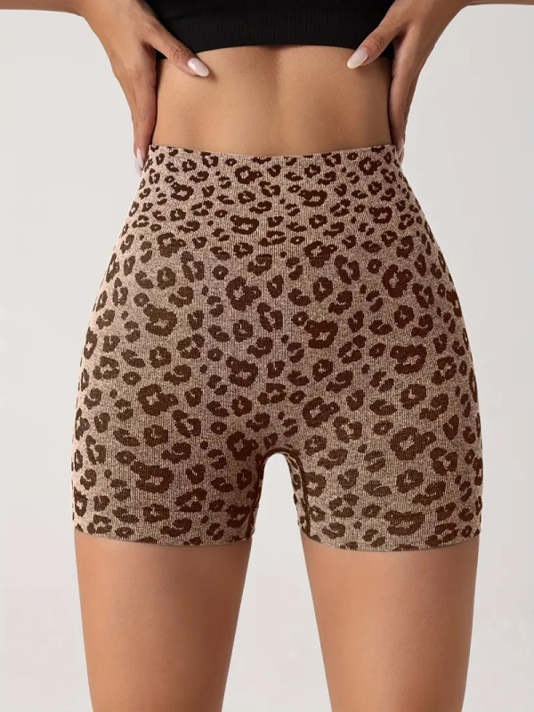 Șorturi sport feminine cu imprimeu leopard, talie înaltă pentru ridicarea șoldurilor și strângerea abdomenului, uscare rapidă, material tricotat din nailon-spandex