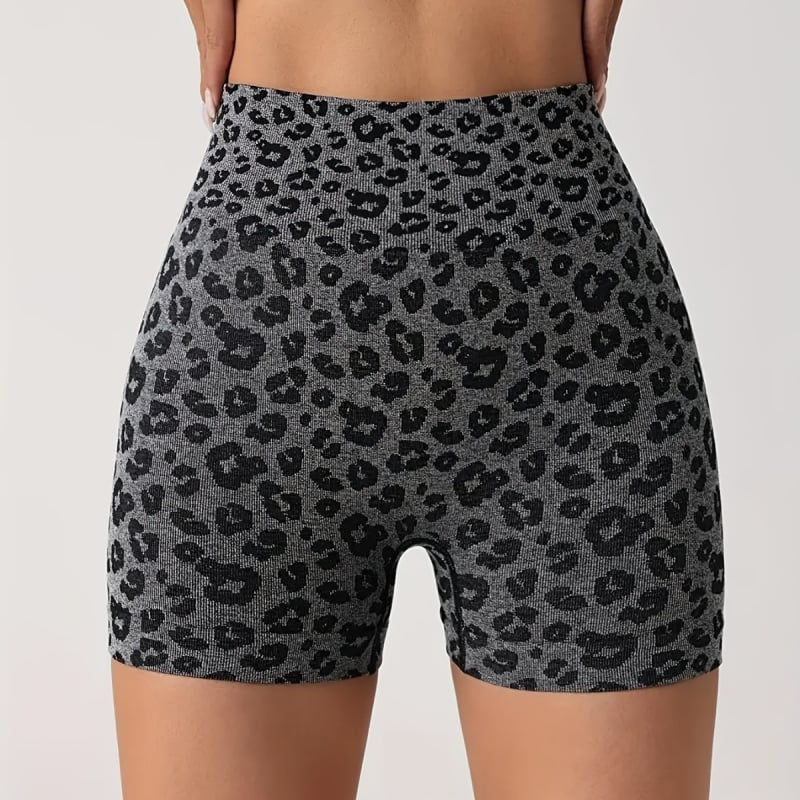 Șorturi sport feminine cu imprimeu leopard, talie înaltă pentru ridicarea șoldurilor și strângerea abdomenului, uscare rapidă, material tricotat din nailon-spandex