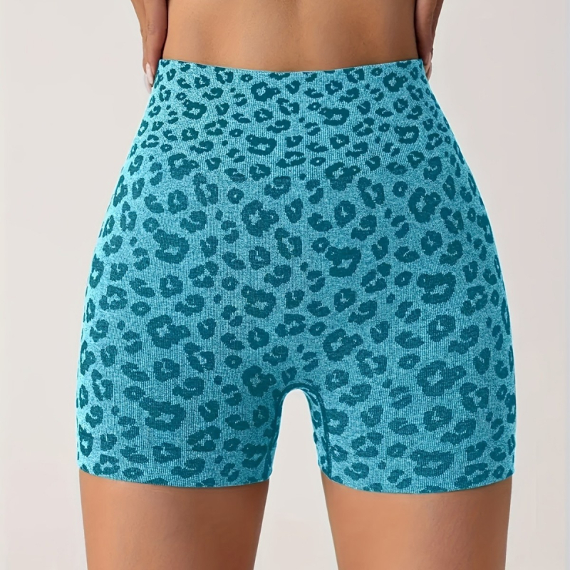 Șorturi sport feminine cu imprimeu leopard, talie înaltă pentru ridicarea șoldurilor și strângerea abdomenului, uscare rapidă, material tricotat din nailon-spandex