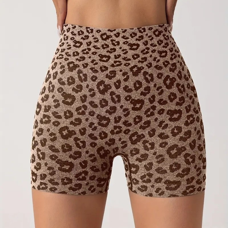 Șorturi sport feminine cu imprimeu leopard, talie înaltă pentru ridicarea șoldurilor și strângerea abdomenului, uscare rapidă, material tricotat din nailon-spandex