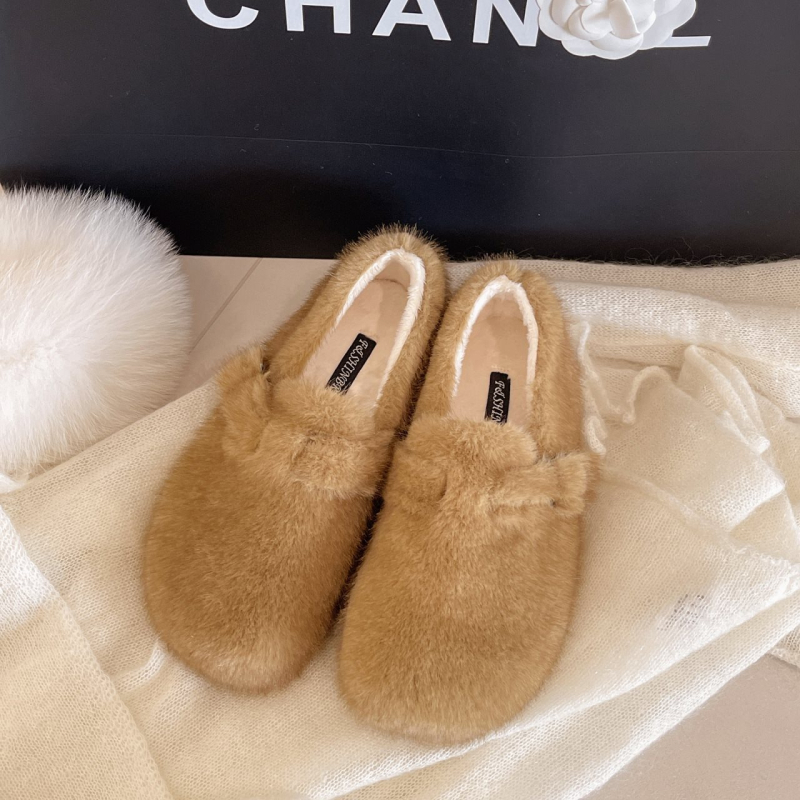 Ženske zimske loafers od suedea s plišastim podstavom, korejskog stila, niski gornji dio, gumena potplata