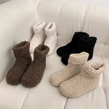 Ghete de zăpadă pentru femei, căptușite cu pluș, stil coreean, înălțime înaltă, talpă din cauciuc, vârf rotund, toc 1–3 cm