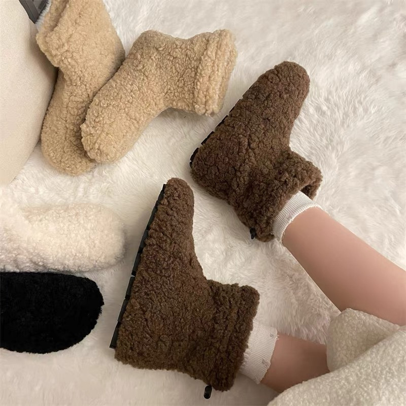 Ghete de zăpadă pentru femei, căptușite cu pluș, stil coreean, înălțime înaltă, talpă din cauciuc, vârf rotund, toc 1–3 cm
