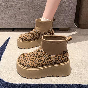 Botine dama cu imprimeu leopard, din pânză, cu partea superioară extensibilă, până la gleznă, căptușite cu bumbac, talpă din cauciuc (Iarnă)