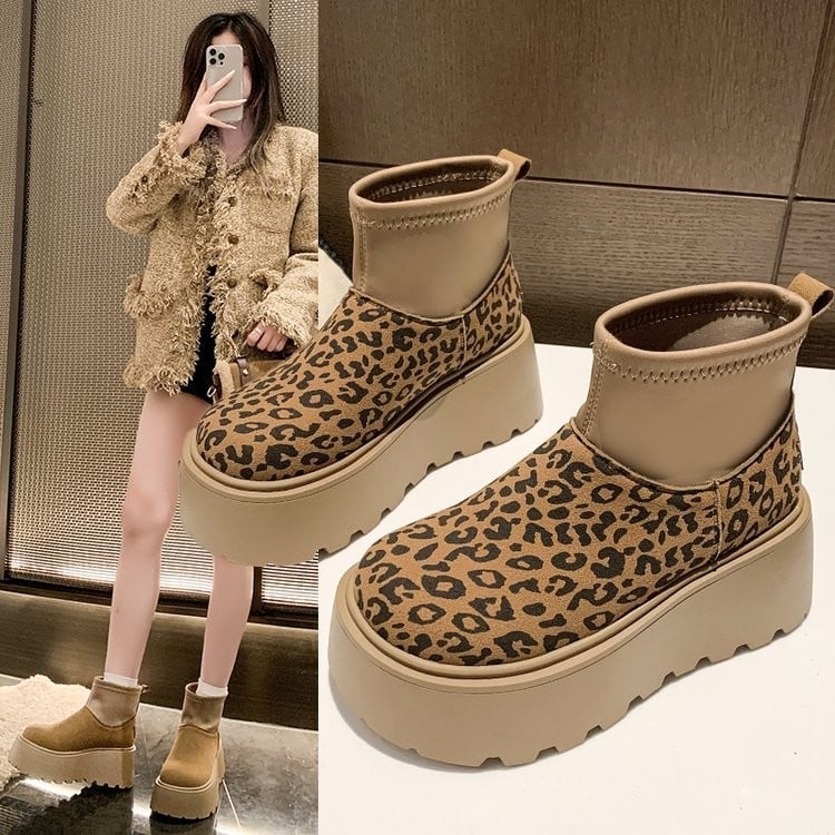 Botine dama cu imprimeu leopard, din pânză, cu partea superioară extensibilă, până la gleznă, căptușite cu bumbac, talpă din cauciuc (Iarnă)