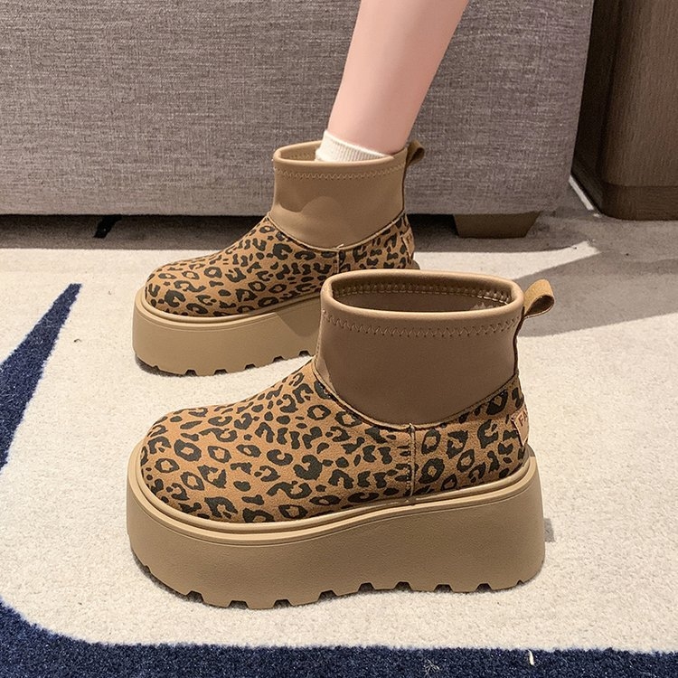 Botine dama cu imprimeu leopard, din pânză, cu partea superioară extensibilă, până la gleznă, căptușite cu bumbac, talpă din cauciuc (Iarnă)
