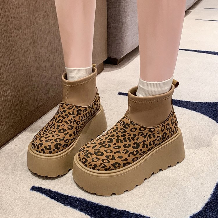 Botine dama cu imprimeu leopard, din pânză, cu partea superioară extensibilă, până la gleznă, căptușite cu bumbac, talpă din cauciuc (Iarnă)