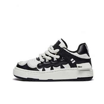 Pantofi unisex pentru skateboard cu talpă groasă, partea superioară din piele de vițel prim-strat, talpă din cauciuc, vârf rotund, închidere cu șireturi