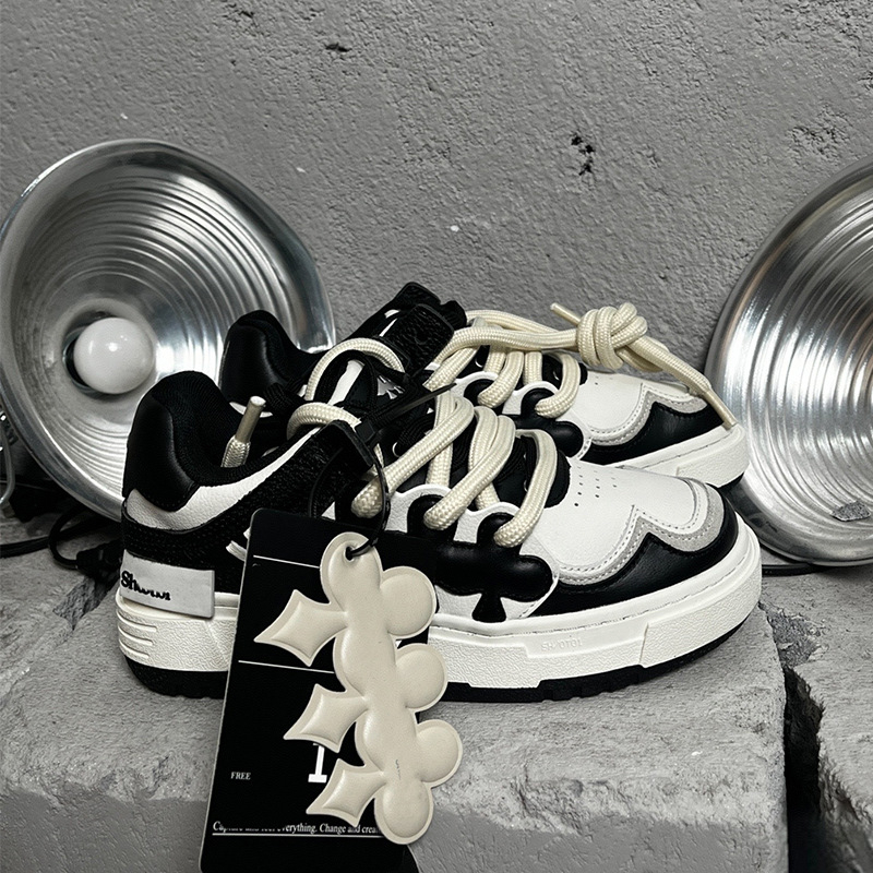 Pantofi unisex pentru skateboard cu talpă groasă, partea superioară din piele de vițel prim-strat, talpă din cauciuc, vârf rotund, închidere cu șireturi