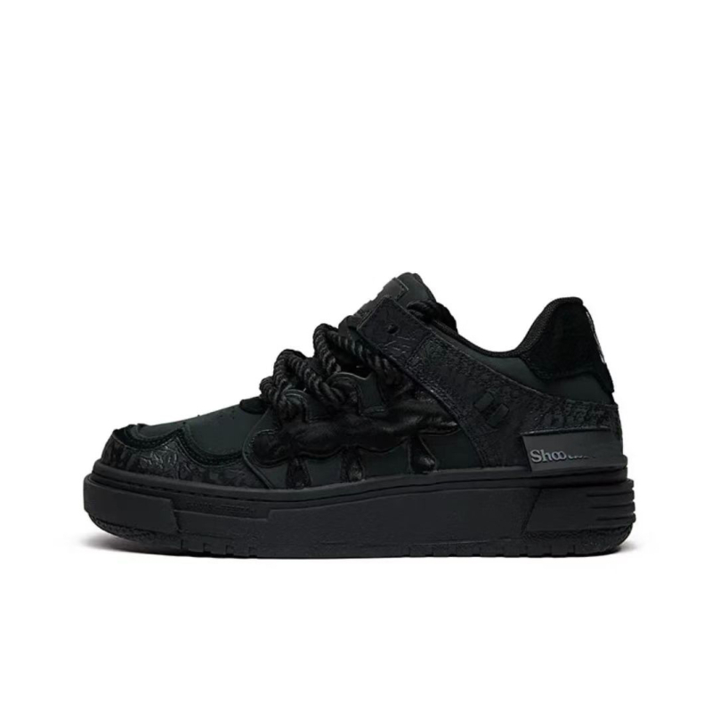 Pantofi unisex pentru skateboard cu talpă groasă, partea superioară din piele de vițel prim-strat, talpă din cauciuc, vârf rotund, închidere cu șireturi